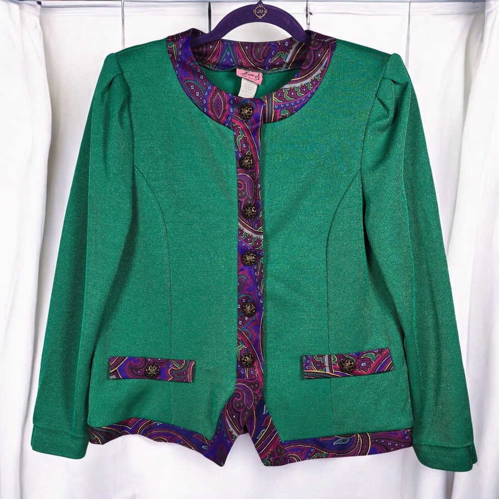 Vintage Lenore S Petite Blazer Jacket Woman 12P Green Paisley‎ Trim Button Front